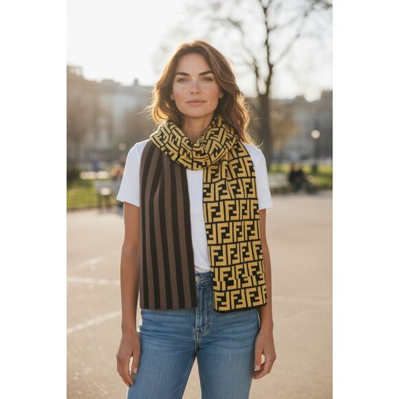 Fendi yellow brown FF Logo Printed Wool reversible scarf - Picture 1 of 10